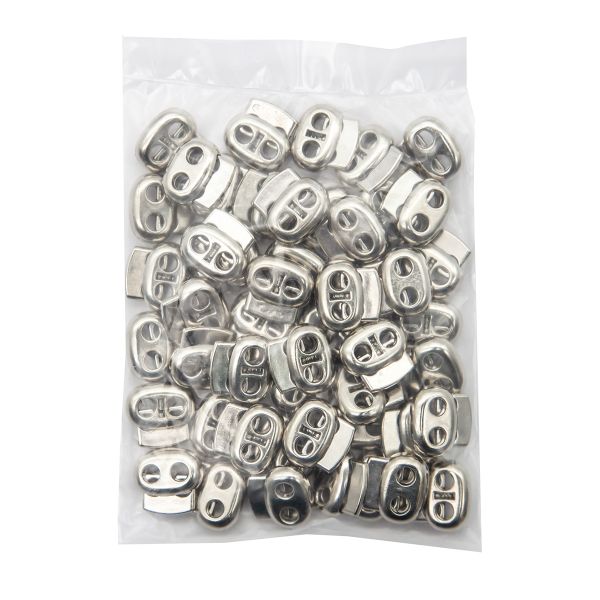 Фиксатор (зажим) для шнура пластик 2 отв., ⌀4.0 мм, 17х16 мм, плоский, под металл (никель), 200 шт