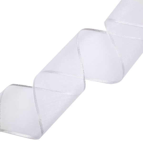 Лента для бантов с мет. краем, 7 см / 25 м, белый/серебро, С3502