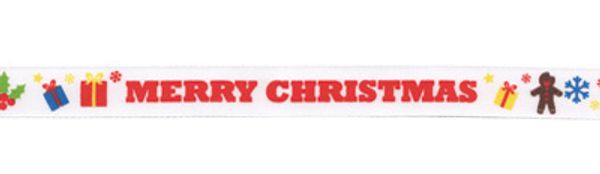 Лента атласная с рисунком 12.0 мм / 22.8±1 метра, T2/001 merry christmas/белый, Gamma ALP-125