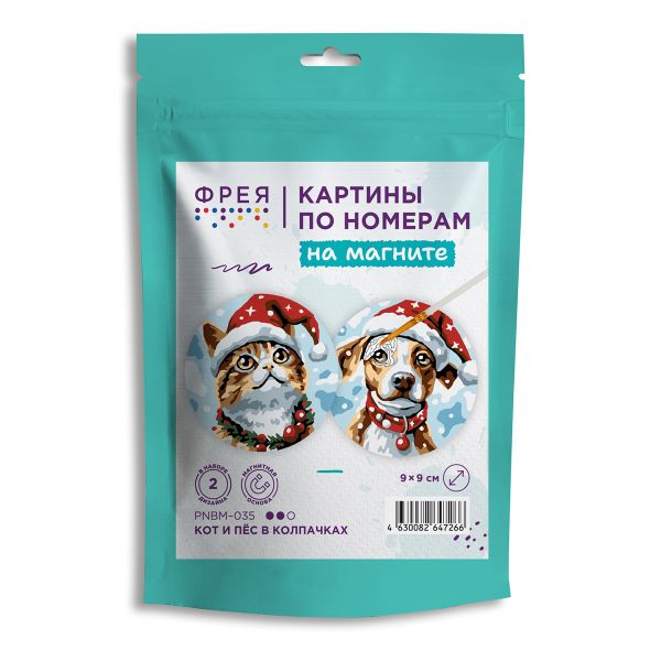 Картина по номерам Фрея PNBM-035, (на магните) Кот и пёс в колпачках, 9х9 см