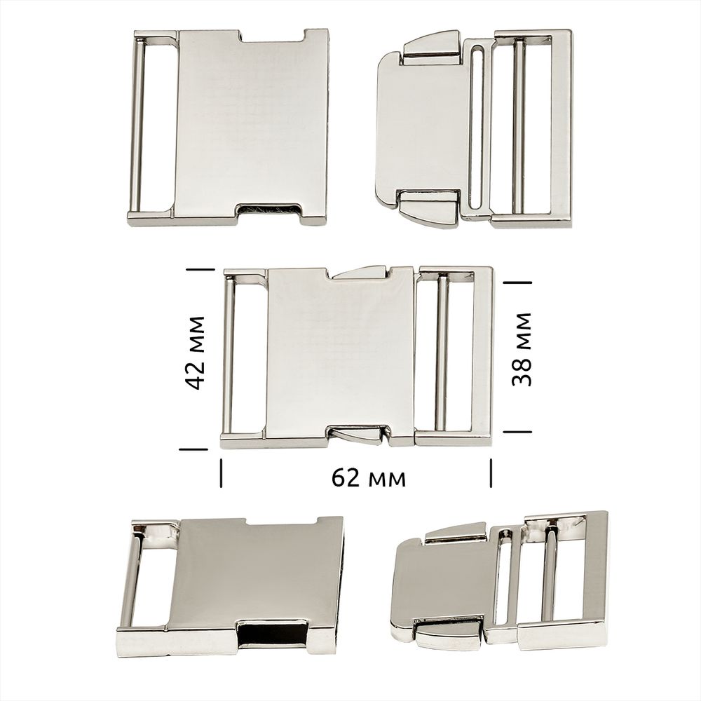 Фастекс (пряжка трезубец) металл 38 мм, 62x42 мм, никель, 6 шт