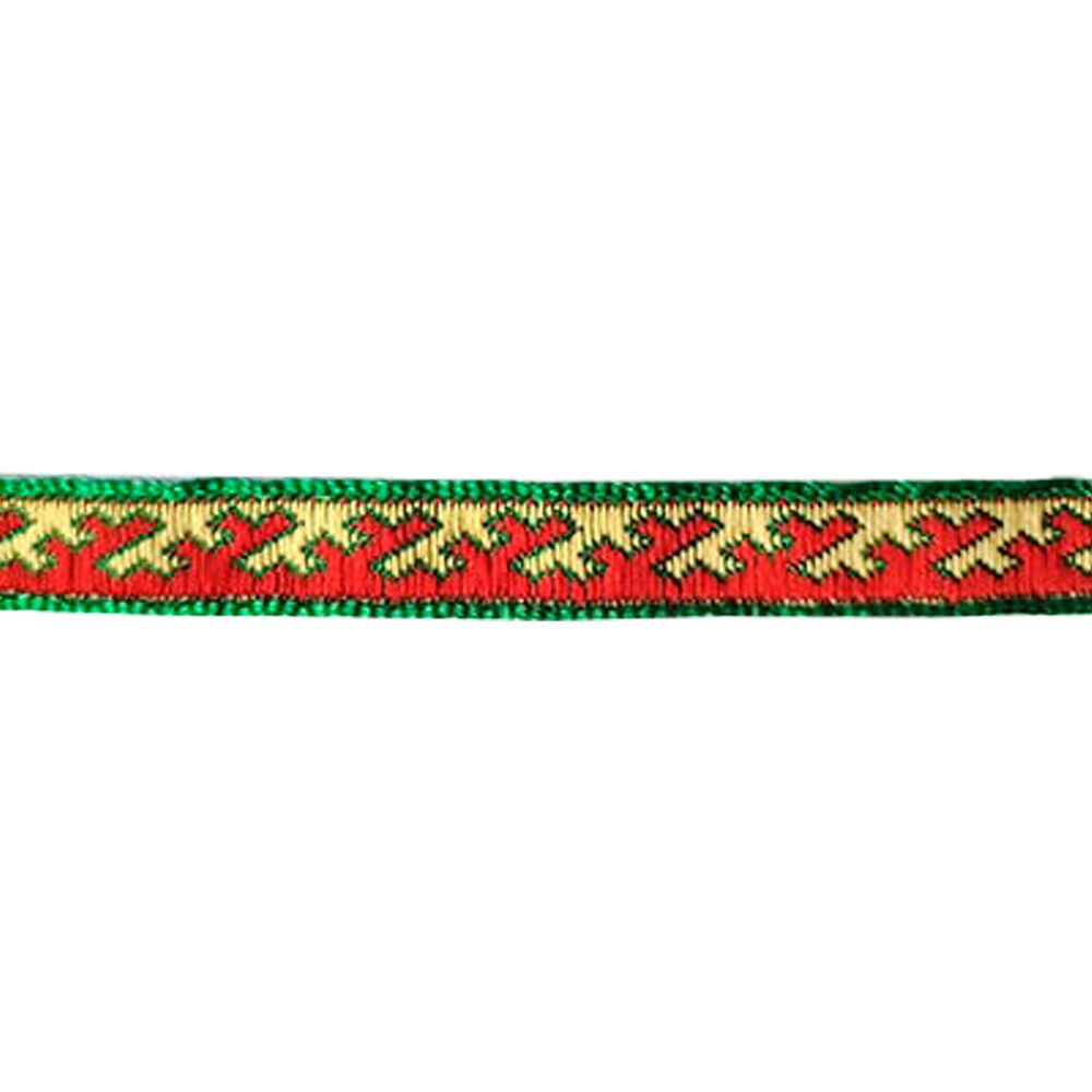 Лента (тесьма) жаккардовая 10 мм / 25 метров, Орнамент северных народов рис 9629 зелено-красно-желтый (3), Gamma C3853 (C3752)