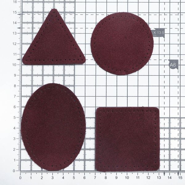 Набор заплаток пришивных из замши, круг, квадрат, треугольник, овал 6см, с перфорацией, 4 шт (31 бордовый), 59723