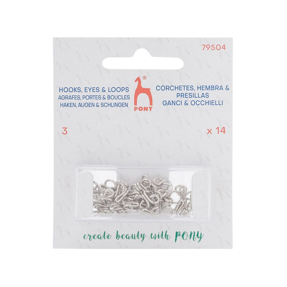 Крючки пришивные 12 мм, 14 шт, с 2 петлями, серебристые, Pony, 79504