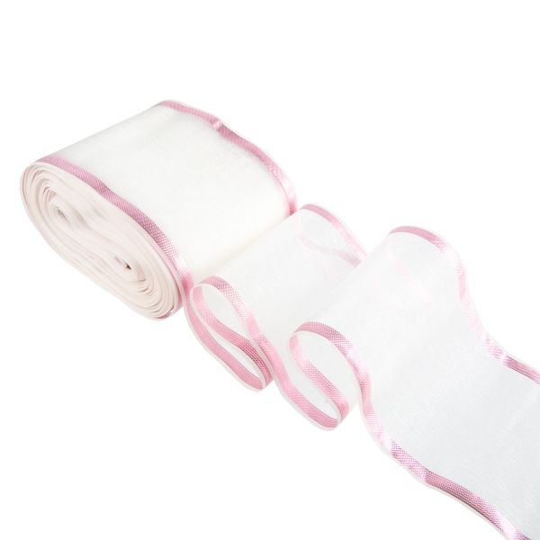 Лента капроновая для бантов 75 мм, / 25 метров, с метал. кромкой, белый/ розовый, Gamma С 3502 с метал. кромкой