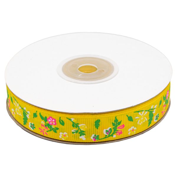 Лента репсовая (в рубчик) Цветочки маленькие 1,5см*22.86 м (желтый)