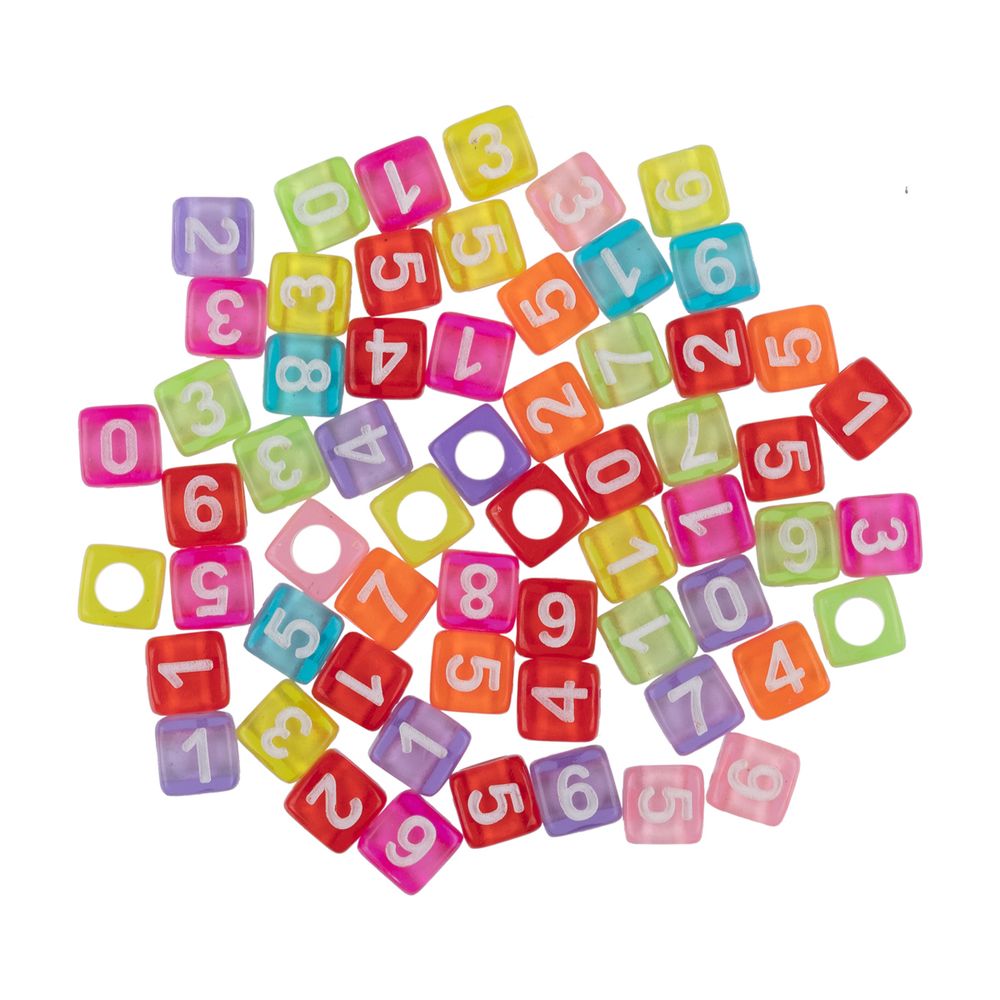 Бусины пластик 6х6 мм, 500 шт (10х50 шт), №01 прозрачные с цветными цифрами, Hobbius ABFB-04