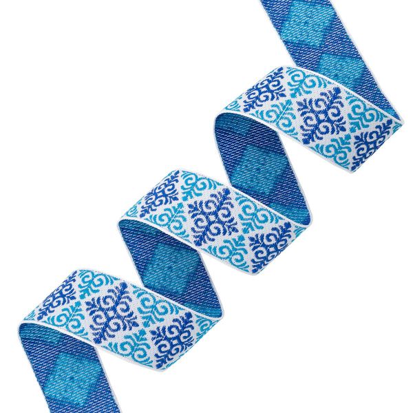 Лента (тесьма) жаккардовая 32.0 мм / 25 метров, Славянский орнамент Оберег, рис. 9788, белый / голубой / синий, С3774Г17