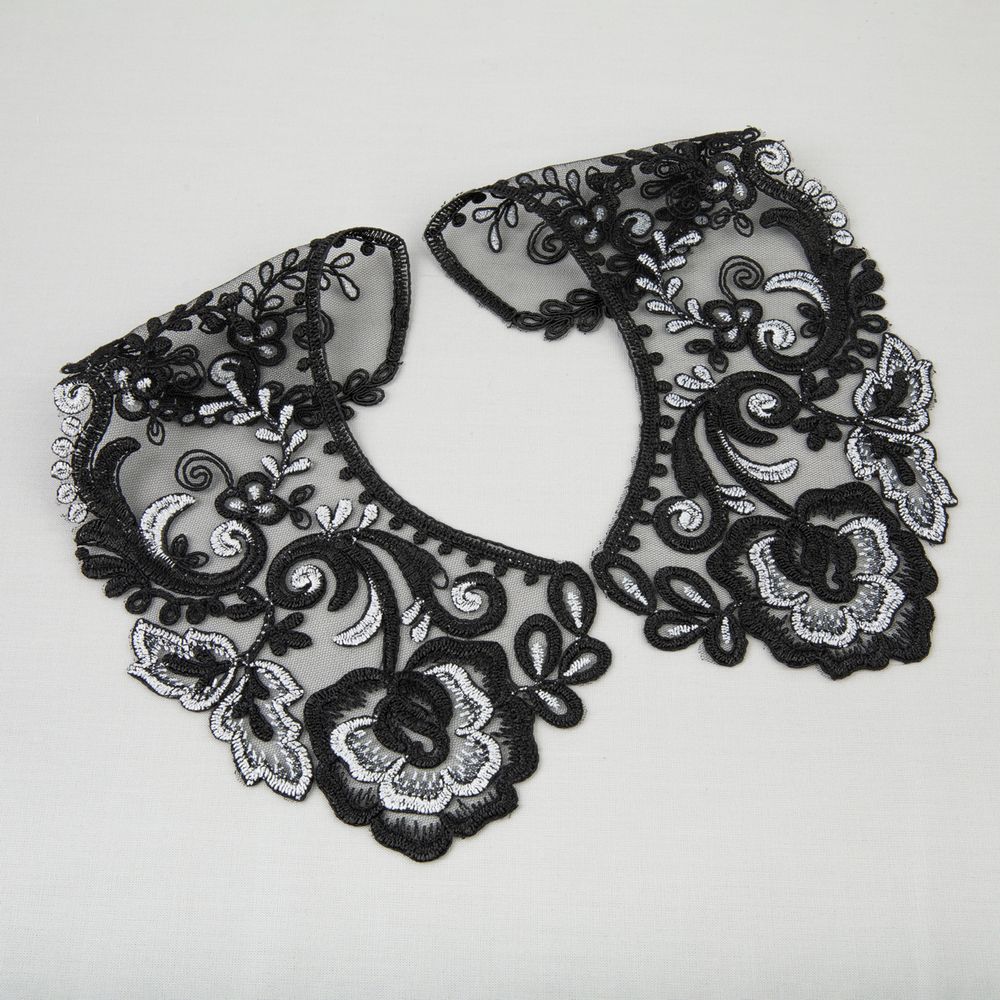 Пришивной кружевной воротник 100 мм, на сетке, 5 пар, Турция, черный/под серебро, Gamma VKRM-27-03