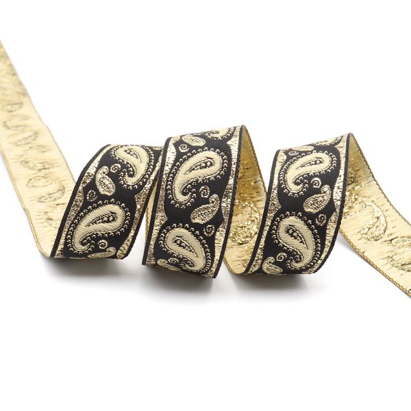 Лента (тесьма) жаккардовая 22.0 мм / 10±0.5 метров, Пейсли, 22807 черный/золото