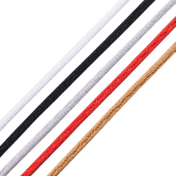 Шнур атласный корсетный ⌀1.0 мм / 5 цветов по 10 метров, черный, белый, золотой, красный, серый