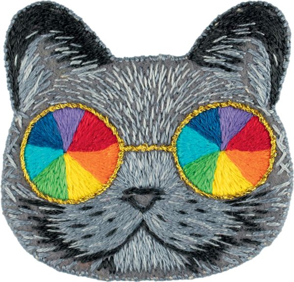 Набор для вышивания нитками Panna, Живая картина. Брошь. Кот в радужных очках, 5.5x5.5 см