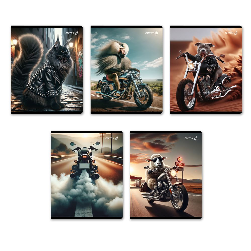 Тетрадь ученическая общая, глянцевая ламинация A5 48 л. на скобе 65 г/м², белизна 100% 10 шт клетка, 01505 Это кто на мотоцикле?, Светоч Т71