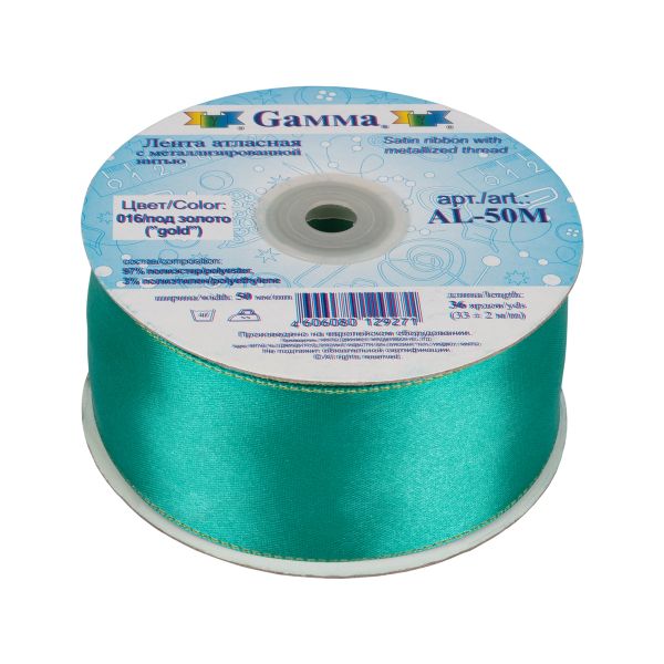 Лента атласная 2-сторонняя с метанитью 50.0 мм / 33±2 метра, 016 зеленый/золото, Gamma AL-50M