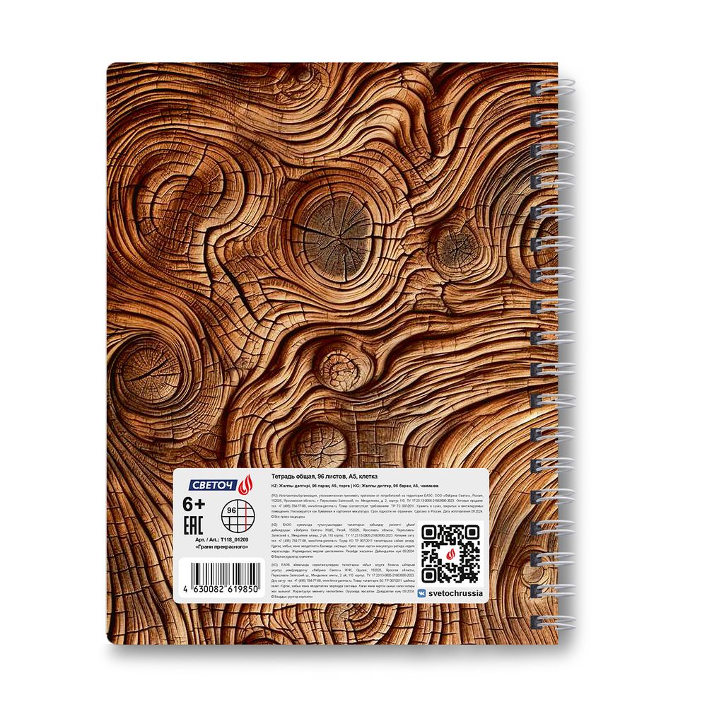 Тетрадь ученическая общая с двойной обложкой, A5 96 л. на гребне 65 г/м², белизна 100 %, 4 шт, клетка, 01209 Грани прекрасного, Светоч Т118