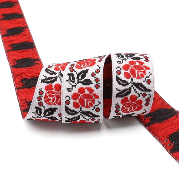 Лента (тесьма) жаккардовая 25.0 мм / 10±0.5 метров, Розы, 25987 красный
