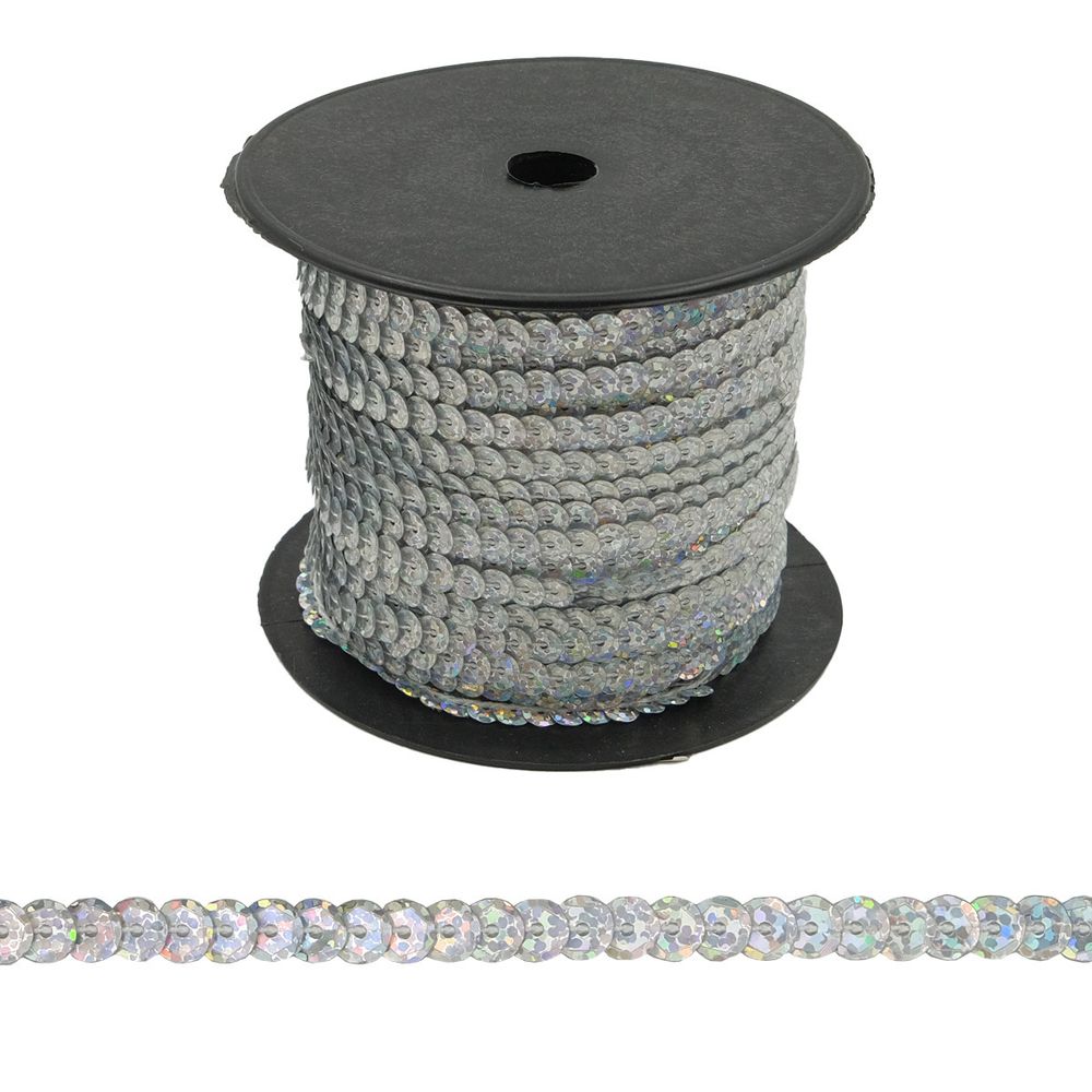 Тесьма пайетки, 6 мм, 73м (50112 серебро)