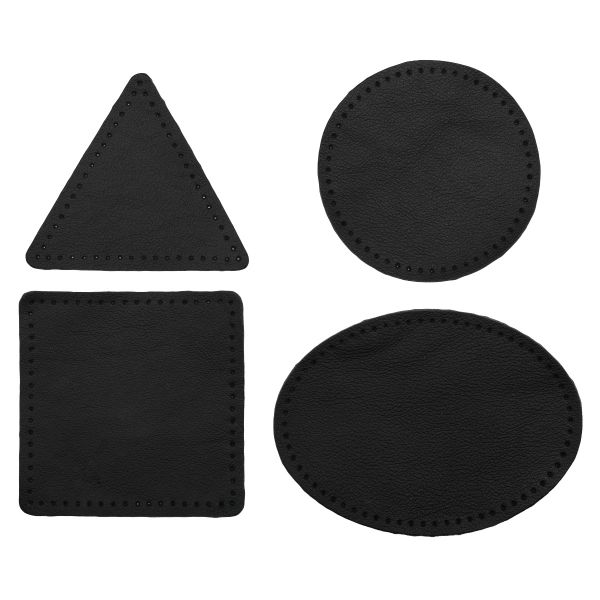 Набор заплаток пришивных из кожи, круг, квадрат, треугольник, овал 8см, с перфорацией, 4 шт (01 черный), 9743