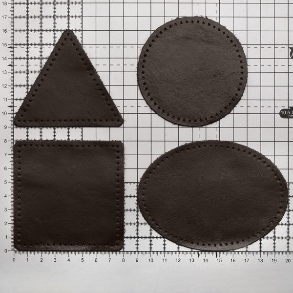 Набор заплаток пришивных из кожи, круг, квадрат, треугольник, овал 8см, с перфорацией, 4 шт (03 темно-коричневый), 9743
