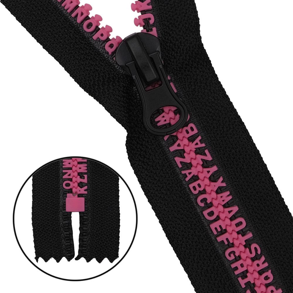 Молния трактор Т8 (8 мм) 1 зам., н/раз., 18 см, декор. звено Алфавит, черный / розовый, 10 шт