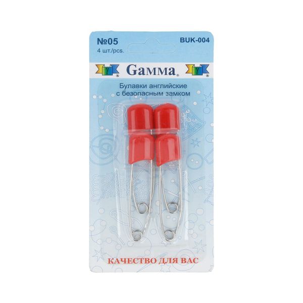 Булавки английские безопасные 53 мм, 4 шт, 05 красный, Gamma BUK-004
