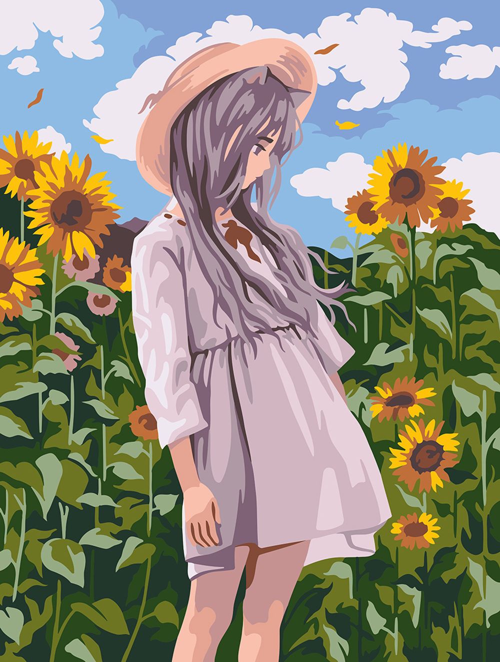 Картина по номерам Фрея, Аниме-девочка в подсолнухах, 40х30 см