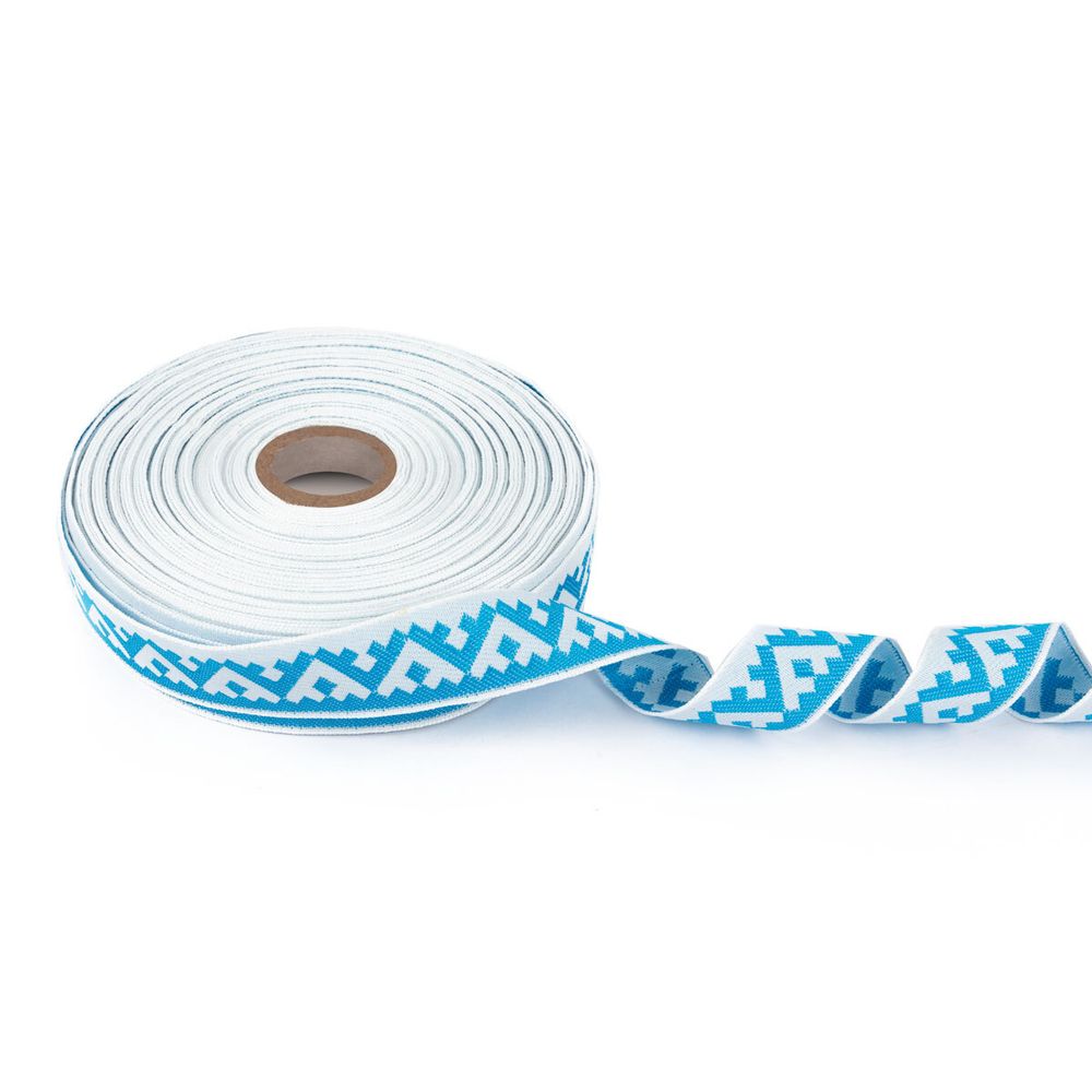 Лента (тесьма) жаккардовая 24.0 мм / 25±1 метров, Орнамент для северных народов, рис 8621 белый-бирюзовый, Gamma С3772