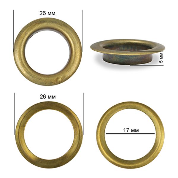 Люверсы металл ⌀17.0 мм (внутр.), внешн. ⌀26 мм (внутр.), h5 мм (внутр.), сталь, цв. антик, 10 шт, TBY