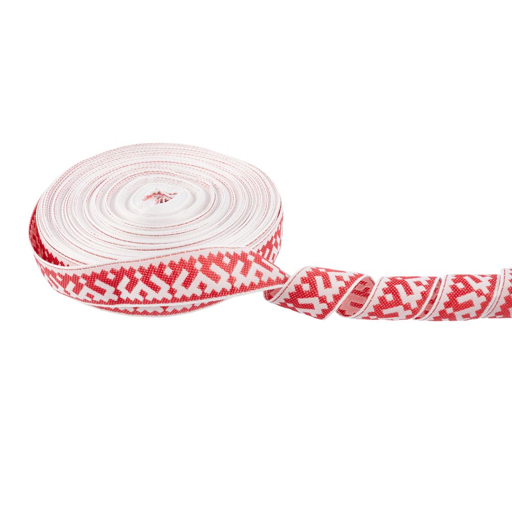 Лента (тесьма) жаккардовая 24.0 мм / 25 метров, Орнамент для северных народов, рис 9674 белый/красный, Gamma С3772
