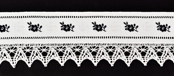 Кружево вязаное (тесьма) 55 мм, цв. белый/черный, 337Z414/390, Mauri Angelo, 15 м