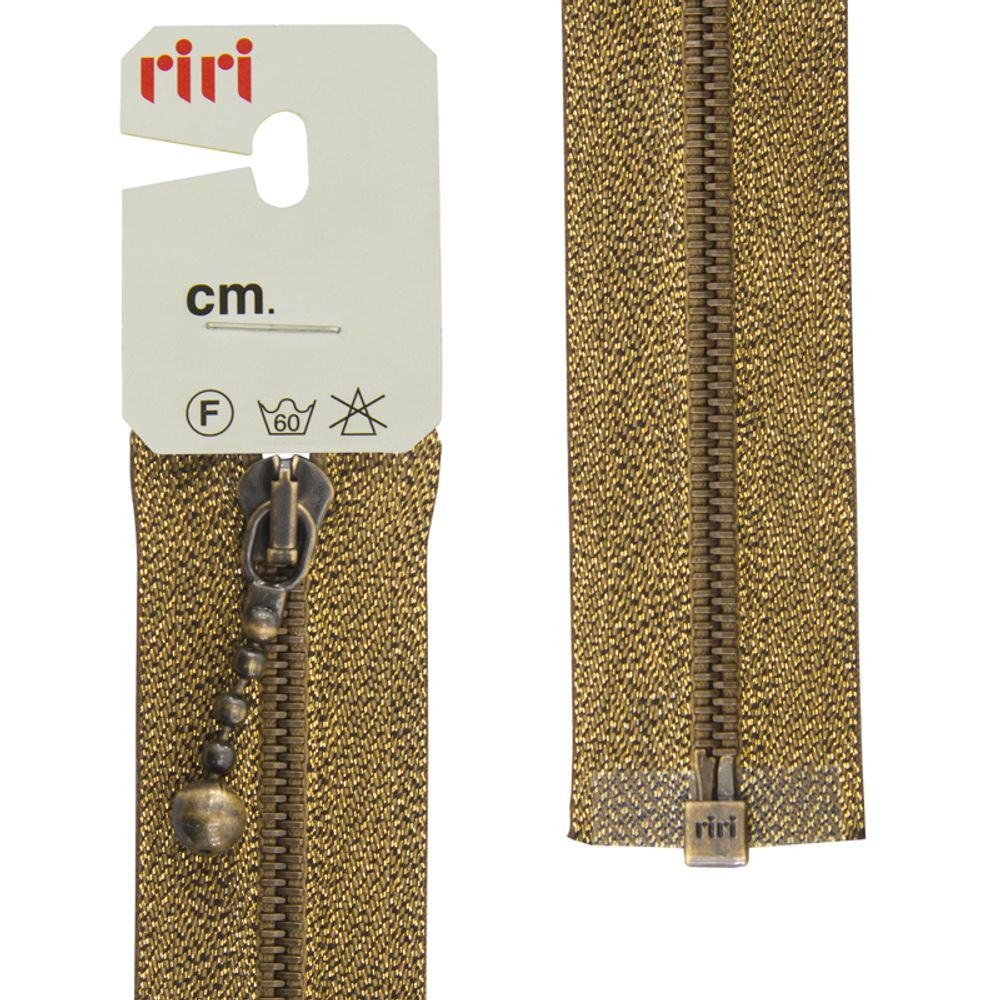 Молния металл RIRI Т4 (4 мм) AM, слайд.Kuke, 1 зам., разъем., люрекс.тесьма, 55 см, цв. тесьмы 3280 бронза, упак. 5 шт /TOS/