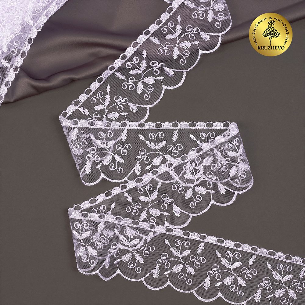 Кружево на сетке 65 мм, цв.01 белый, уп.13.7м, Kruzhevo