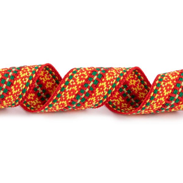 Лента (тесьма) жаккардовая 30.0 мм / 25±1 метров, Орнамент для северных народов, рис 9871 №3 красн/желт/зеленый, Gamma C3881