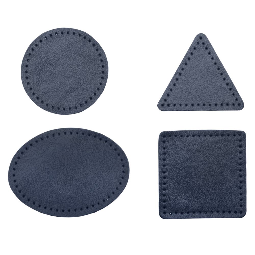 Набор заплаток пришивных из кожи, круг, квадрат, треугольник, овал 6см, с перфорацией, 4 шт (05 темно-синий), 9723