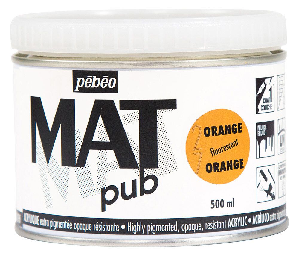 Краска акриловая экстра матовая Mat Pub 3, 500 мл, 257027 оранжевый флуоресцентный, Pebeo