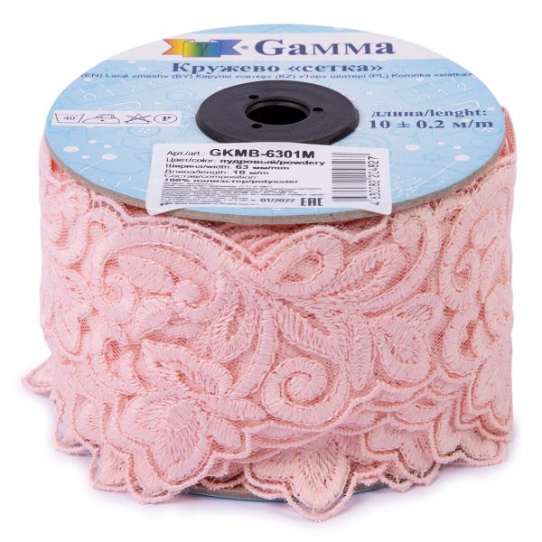 Кружево на сетке 63 мм / 10 м, пудровый, Gamma GKMB-6301M