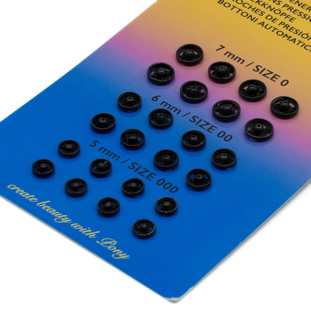 Кнопка пришивная металл ⌀5 / 6 / 7 мм черный, 24 шт, Pony