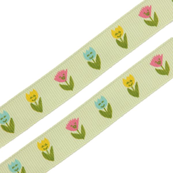 Лента репсовая (в рубчик) Тюльпаны, 15 мм, 3м, зеленый