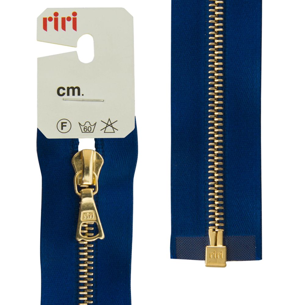 Молния металл RIRI Т4 (4 мм) Gold, 1 зам., разъем., атлас. тесьма, 70 см, цв. тесьмы 9603, синий, упак. 5 шт /TOS/
