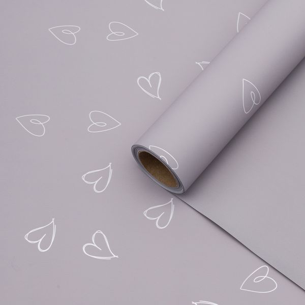 Пленка упаковочная для цветов и подарков Большие сердечки, 65 мкр, 58см / 10м ± 5% (VH2556 пурпурно-серый с сердечками)