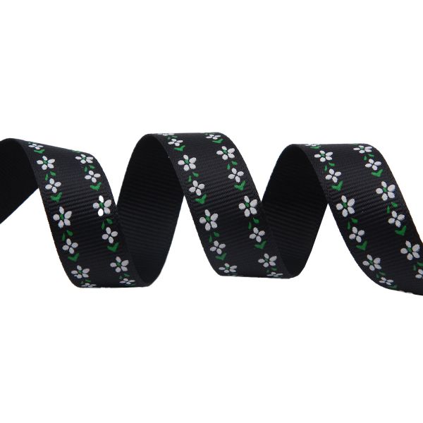 Лента репсовая (в рубчик) Цветочный орнамент 1,5см*22.86 м (черный)