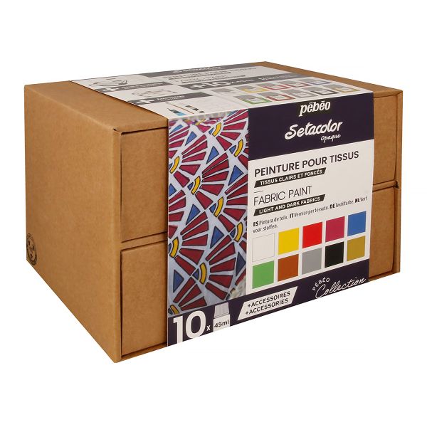 Набор красок Pebeo Setacolor Opaque Коллекция для темных и светлых тканей с аксессуарами 10 цв. 45 мл 758481 1