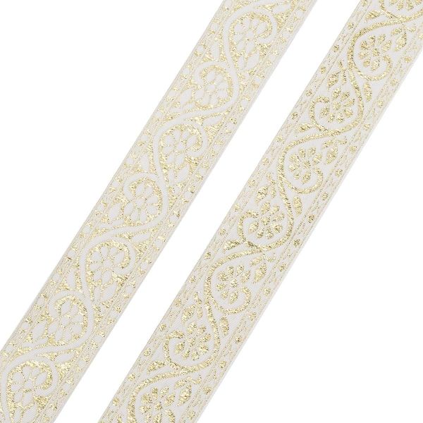 Лента (тесьма) жаккардовая 32.0 мм / 25±1 метров, с метанитом рис. 9819, белый/золото, С3104Г17