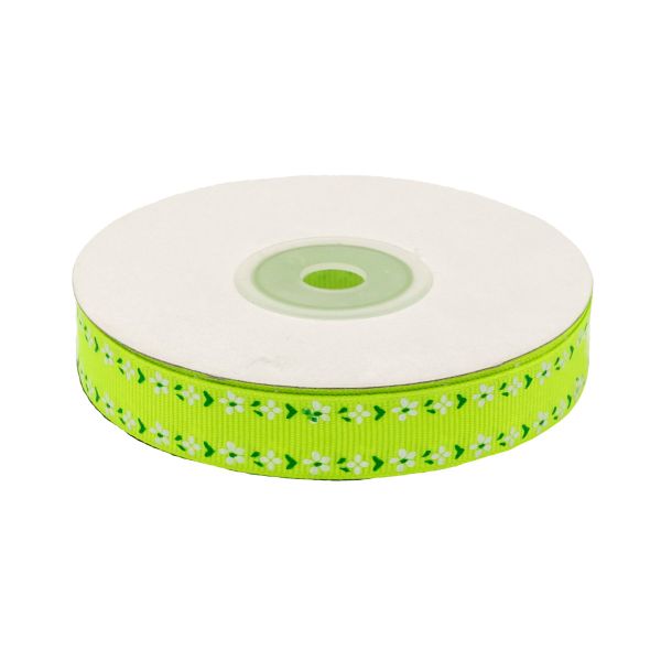 Лента репсовая (в рубчик) Цветочный орнамент 1,5см*22.86 м (желтый неон)