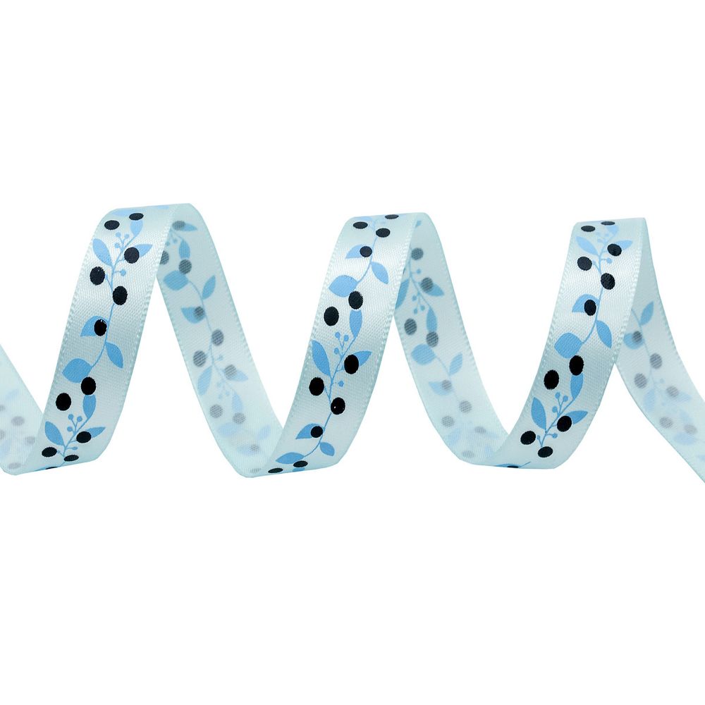 Лента атласная с рисунком 15.0 мм / 22.5±1 метров, Ягодная ветвь, голубой, Globus