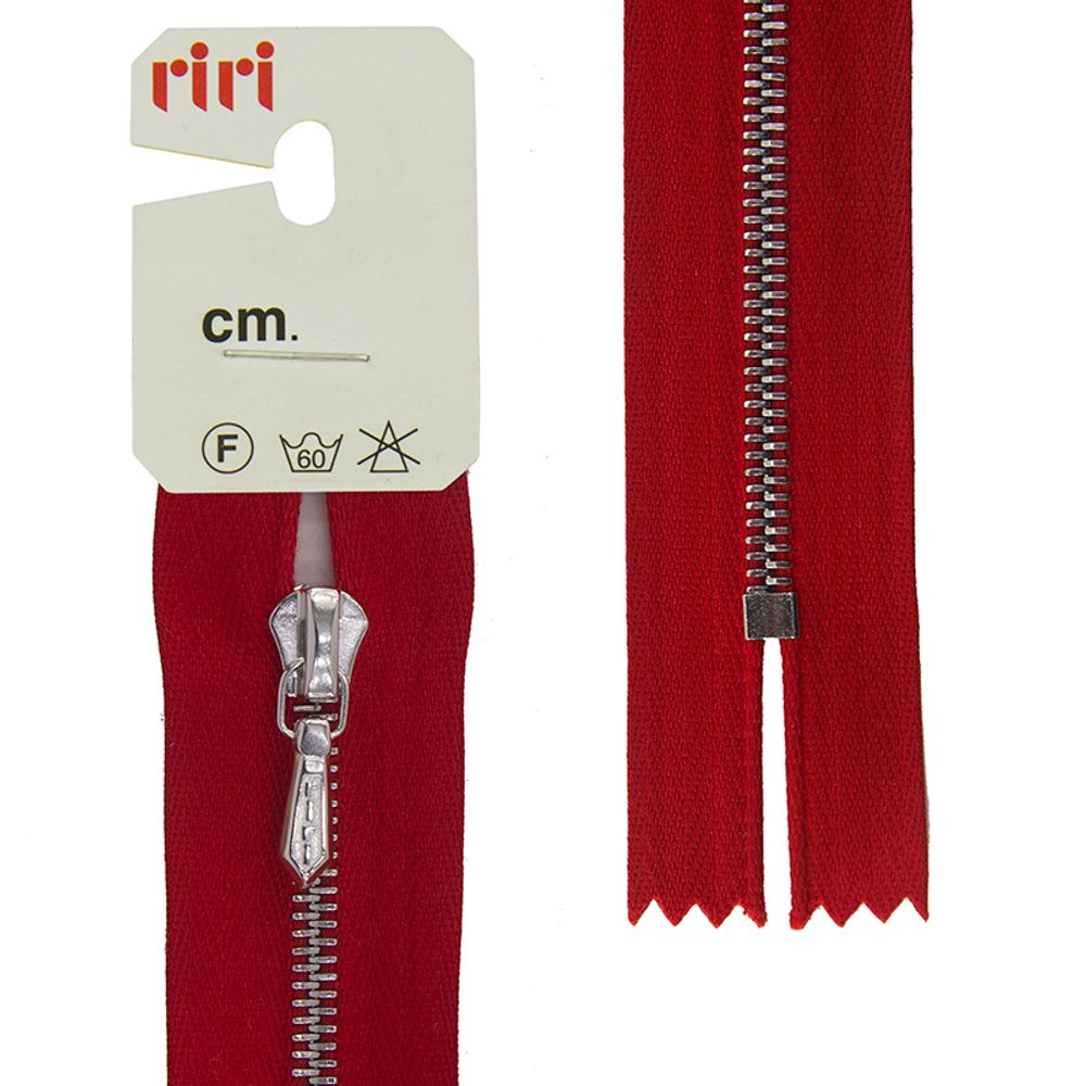 Молния металлическая карман. RIRI Т4 (4 мм) Ni, слайд.Tropf, н/раз., 18 см, цв. тесьмы 2407, красный, упак. 5 шт