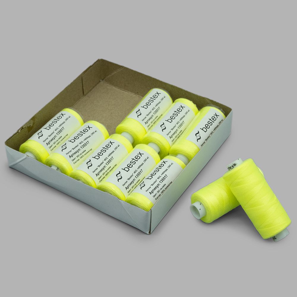 Нитки швейные бытовые Bestex 40/2, 365 м (400 ярд) / 10 кат., 303 неоновый салатовый