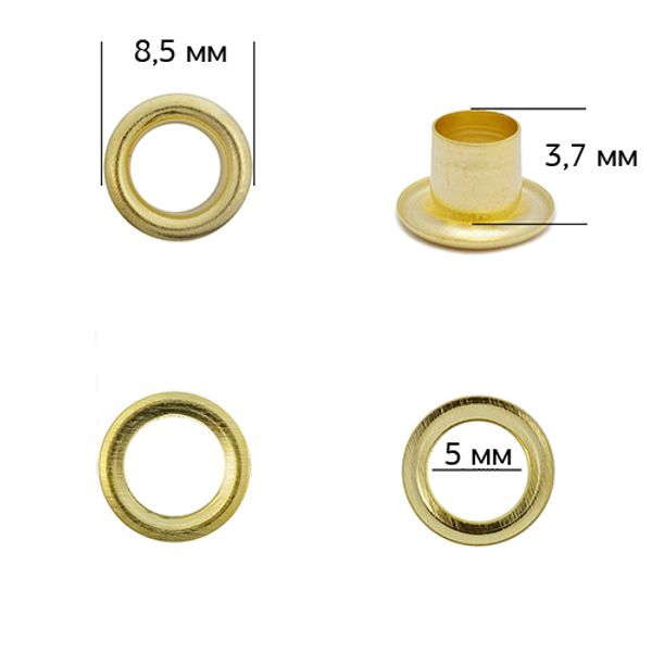 Люверсы металл ⌀_5.0 мм (внутр.), внешн. ⌀8.5 мм (внутр.), h3.7 мм (внутр.), №3, сталь, цв. золото, 1000 шт, TBY