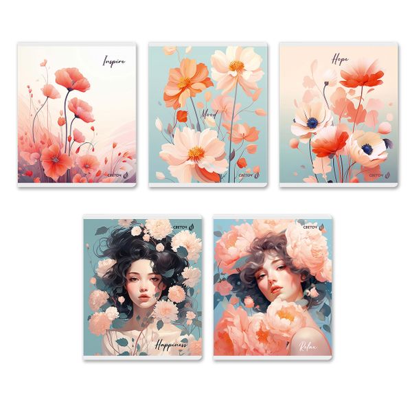 Тетрадь ученическая общая, матовый сплошной лак+запечат.титул лист A5+ 80 л. на скобе 65 г/м², белизна 100 %, 5 шт, клетка, 01124 Вдохновенье, Светоч Т78