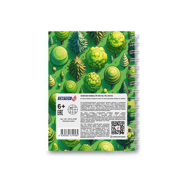 Записная книжка на гребне A6 80 л., 4 шт, клетка, Зелёный оазис 01189, Светоч ЗК112